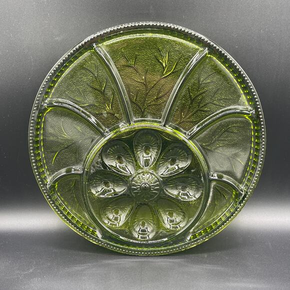 Vintage 1960s Indiana Glass Green Deviled Egg Relish Platter Serving Tray - Picture 1 of 3